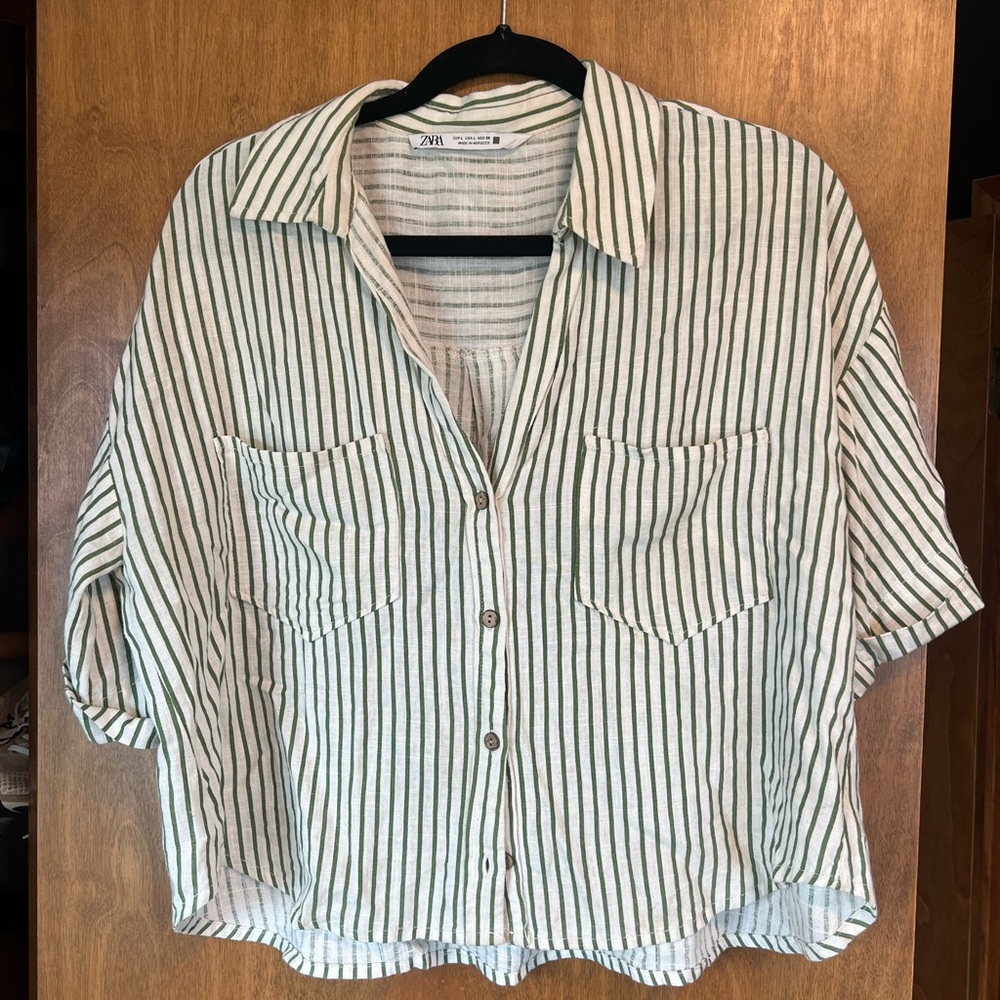 Zara Short Sleeve Semi Cropped Boxy Striped Button-Up Linen Shirt